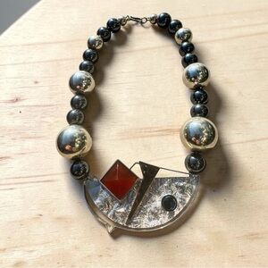 Vintage Statement Heavy Necklace 925 Silver, 14K Gold, Hematite Beads